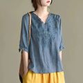 plus Size Women's Clothing New Retro Machine Embroidery Cotton Top Loose V Collar Half Sleeve Shirt Women's Shirt Pullover. 
