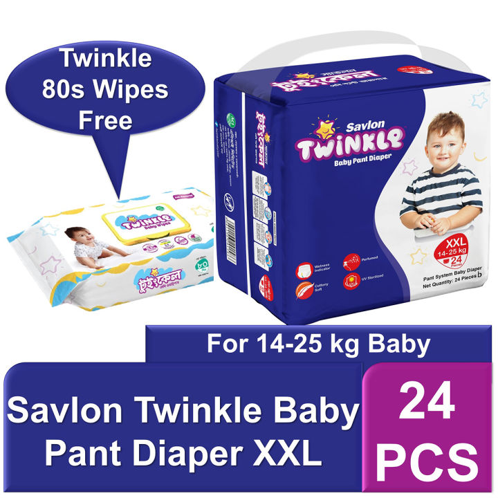 Savlon Twinkle Baby Pant Diaper XXL 24 pcs (Twinkle Baby Wipes Pouch 80 pcs Free)