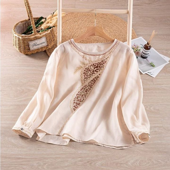 Ethnic%20Style%20Cotton%20and%20Linen%20Embroidery%20Shirt%20Women's%20Spring%20and%20Summer%20round%20Neck%20T%20T%20Shirt%20Loose%20All-Match%20Tea%20Clothes%20Retro%20Top%20for%20Women%20-%20Image%203