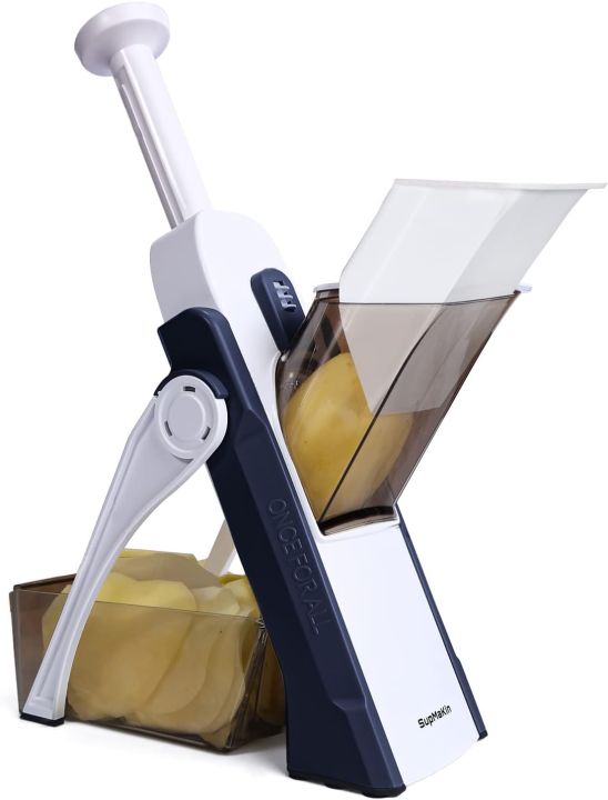 SupMaKin Safe Mandoline Slicer, Upright Vegetable Slice Potatoes Cutter Chopper, Julienne + Dicer, Thickness Adjuster for Kitchen