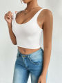 Solid Scoop Neck Cami Top, Casual Sleeveless Backless Crop Top, Women's Clothing. 