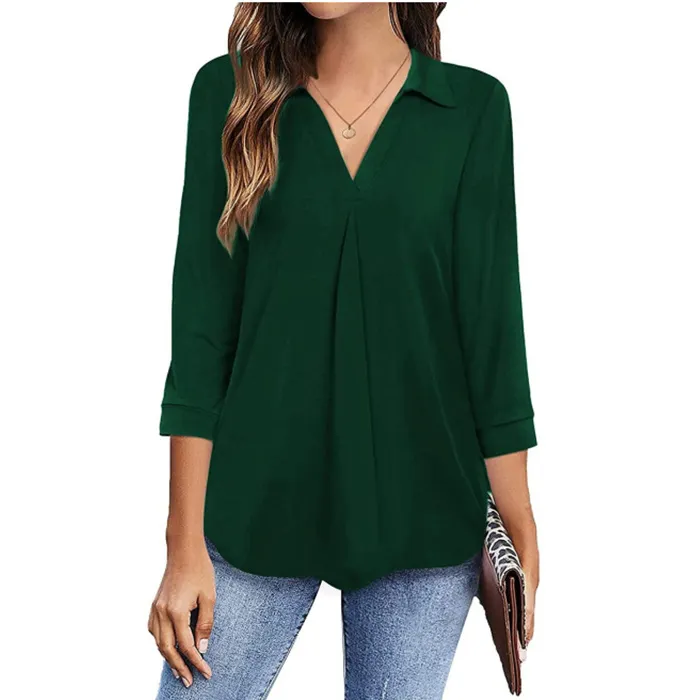 Womens%20relax%20wear%20Collared%20V%20Neck%203/4%20Sleeve%20Shirts%20Business%20Casual%20Tops%20Loose%20Fit%20Work%20Blouses%20-%20Image%206