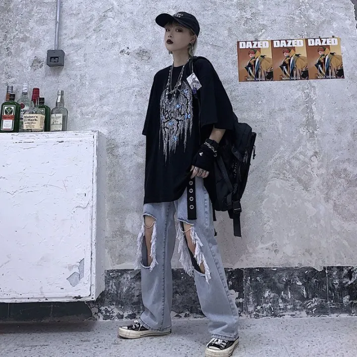 Summer%20New%20Korean-StyleinsWater%20Washed%20Hole%20Wide%20Leg%20Pants%20High%20Waist%20Slimming%20Jeans%20Women's%20Baggy%20Straight%20Trousers%20Tide%20-%20Image%202