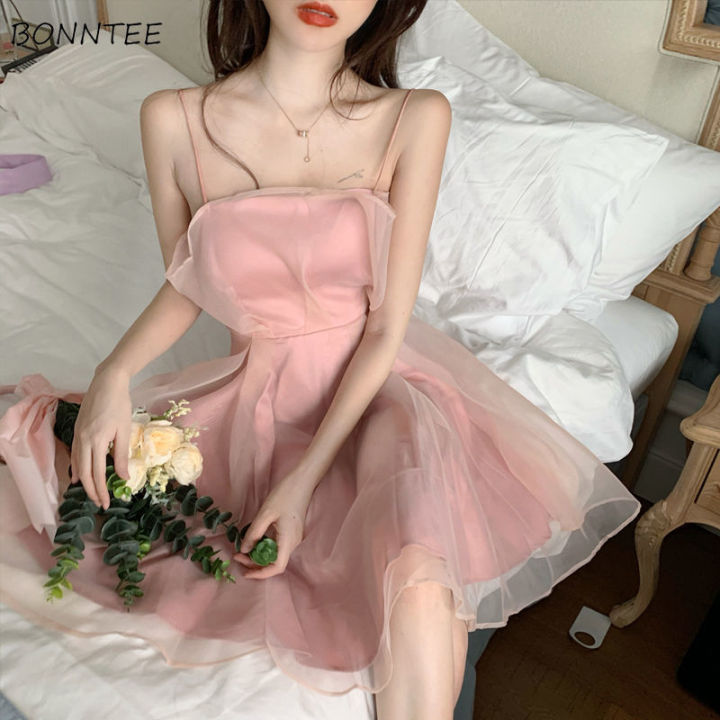 Mesh Sleeveless Mini Dresses Women Summer Elegant Cute