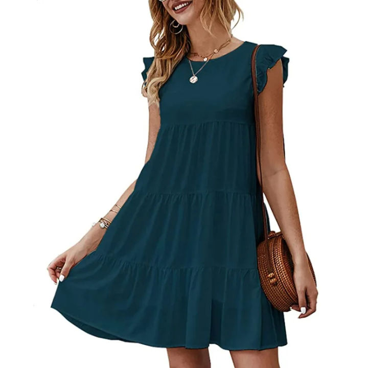 Women's%20Dress%20Solid%20Color%20Round%20Neck%20Short%20Sleeve%20Casual%20Cake%20Skirt%20Pleated%20Large%20Swing%20Skirt%20-%20Image%207