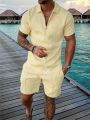 2023 New Summer Men's Shorts Set Short Sleeve Zip Polo Shirt Street T-shirt Two Piece Casual Sportswear Dislikelike.