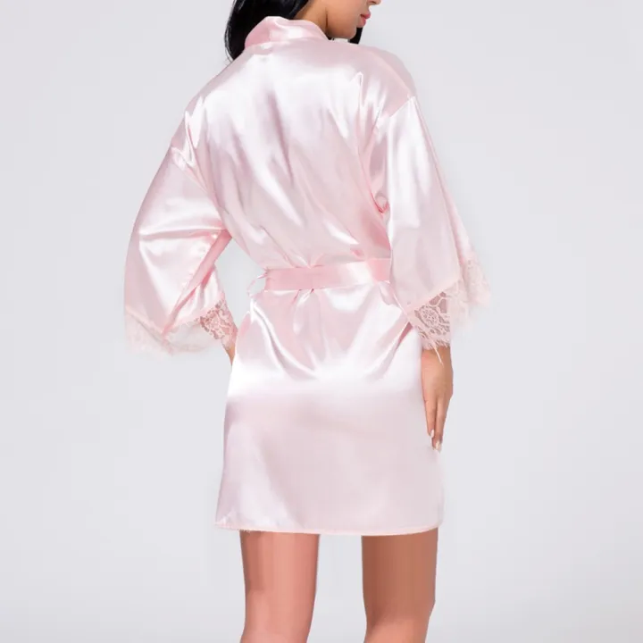 Women%20Night%20Gown%20Robe%20Lace%20Bathrobe%20Halt%20Sleeve%20Nightdress%20Female%20French%20Silky%20Satin%20Solid%20Color%20Sleepwear%20With%20Belt%20-%20Image%204
