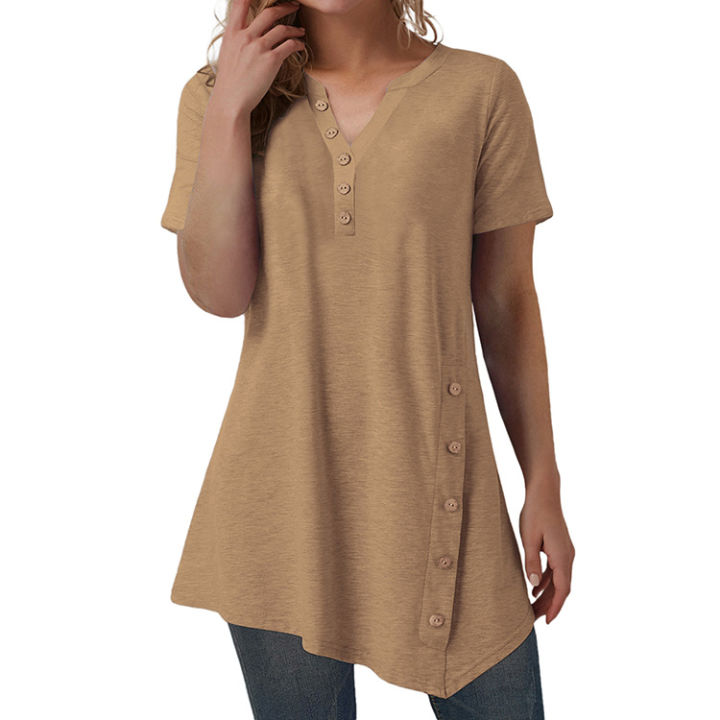 Ladies%20Button%20Design%20Short%20Sleeve%20Tops%20Blouse%20Irregular%20Ladies'%20Blouses%20-%20Image%203