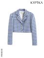 KYPTKA Women Fashion Tweed Cropped Blazer Coat Vintage Long Sleeve Front Button Female Outerwear Chic Vestes Femmes. 