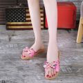 Women Summer Casual Slides Comfortable Flax Slippers Striped Bow Linen Flip Flops Platform Sandals Ladies Indoor Shoes. 