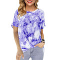 New Women Gradient Tie-dye Printing T-shirt Round Neck Twist Knot Hem Tops Casual Short Sleeve Shirt Blo. 