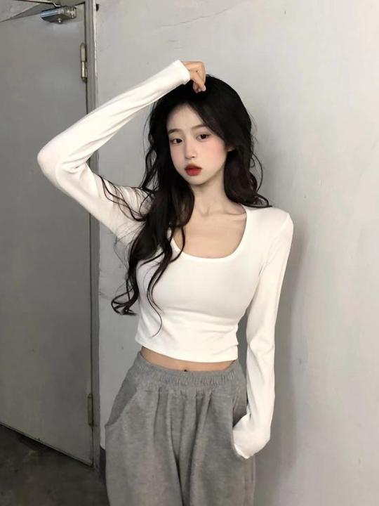 Simple White Shoulder U Collar Threaded Long Sleeve T T-shirt Women's Outer Wear Inner Wear Hot Girl Top Short All-Match Bottoming Shirt