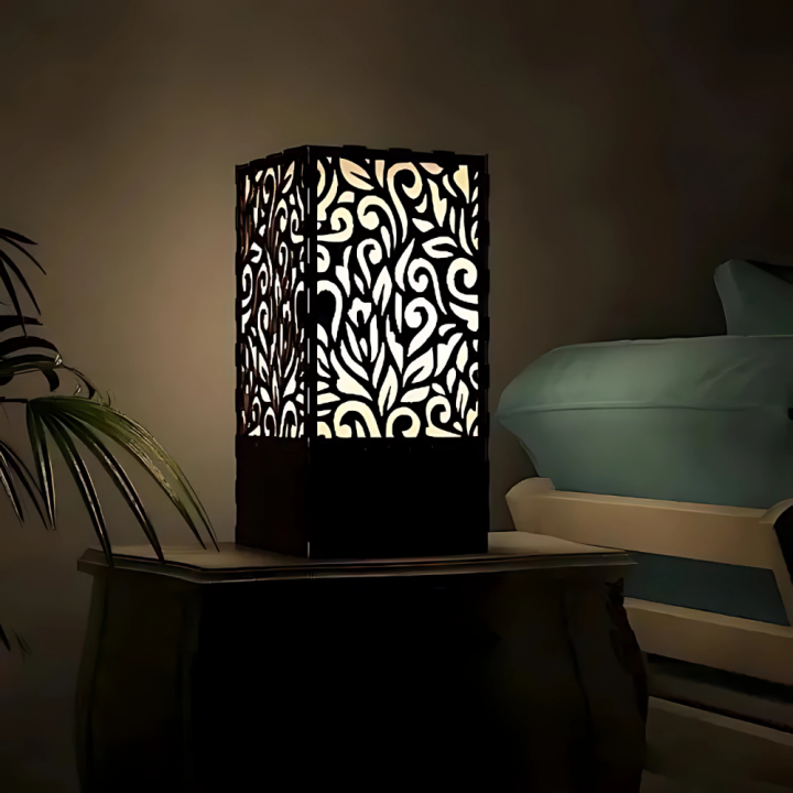 Wood Table Lamp with Warm Yellow Lighting | Minimalist Laser-Cut Wooden Design | Perfect for Bedroom, Living Room, Study & Home Decor by Ednfy (SL-111)