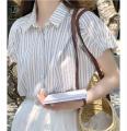 French Style Blue and White Vertical Stripes Shoulder Short Sleeve Shirt Women's Summer Shirt Cardigan Outer Wear Small Flying Sleeve Top Summer.