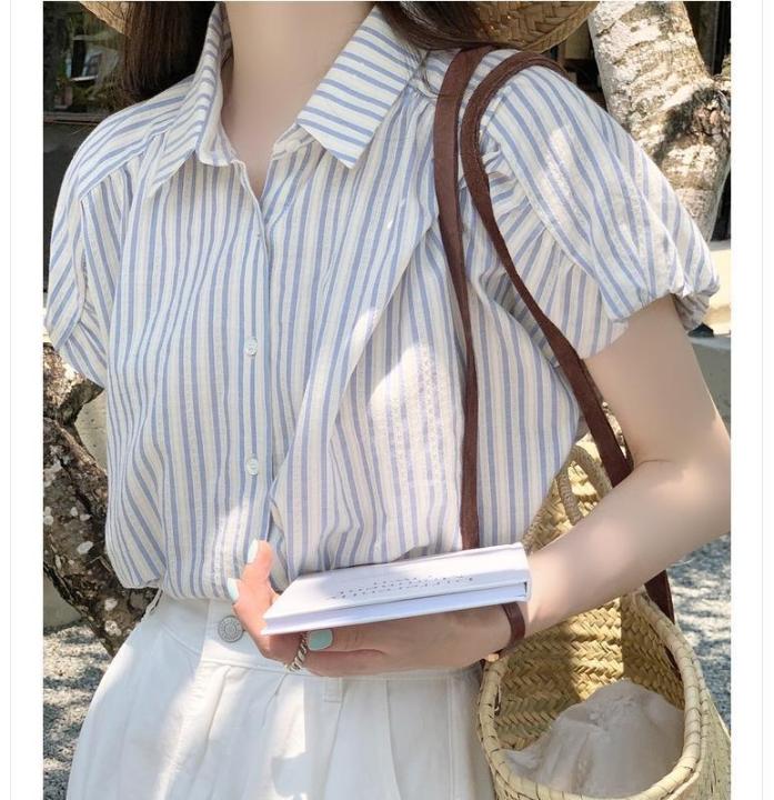 French%20Style%20Blue%20and%20White%20Vertical%20Stripes%20Shoulder%20Short%20Sleeve%20Shirt%20Women's%20Summer%20Shirt%20Cardigan%20Outer%20Wear%20Small%20Flying%20Sleeve%20Top%20Summer%20-%20Image%202