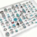 Alien 50/100Pcss/Lot Vintage Boho Blue Stone Turquoise Rings for Women Wholesale Mix Styles Ethnic Finger Ring Set Jewelry Party Gifts. 