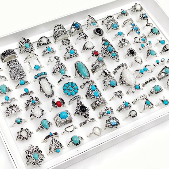 Alien 50/100Pcss/Lot Vintage Boho Blue Stone Turquoise Rings for Women Wholesale Mix Styles Ethnic Finger Ring Set Jewelry Party Gifts