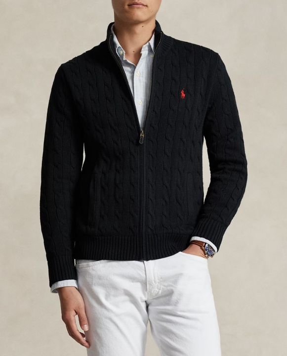 Ralph Lauren Cable-Knit Cotton Full Zipper Sweater โ Black