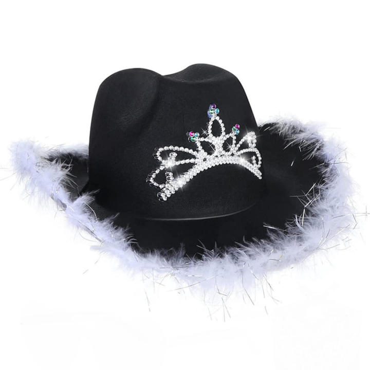 Pink West Cowgirl Hat for Women Girls Tiara Feather Felt Western Sequin Cowboy Cap Costume Party Dress Jazz Caps Cosplay Props