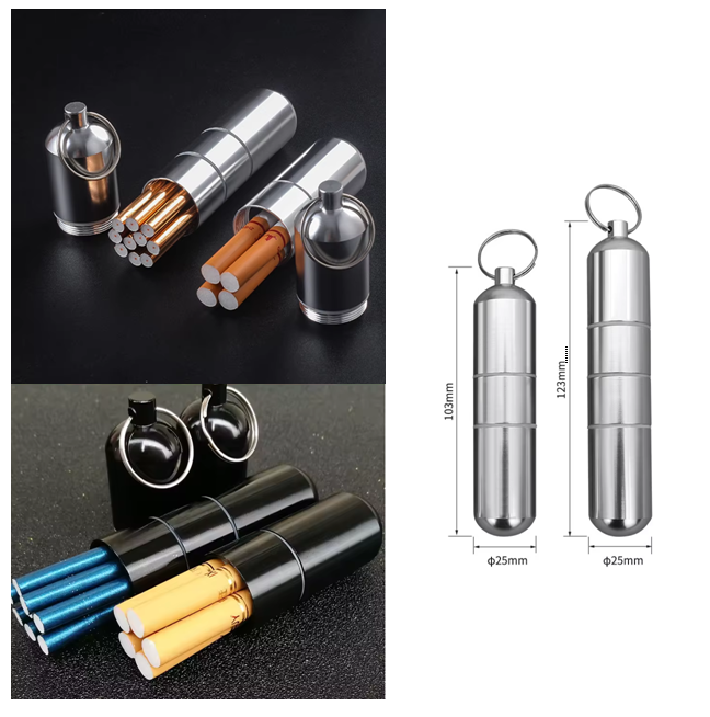 1 Pcs Silver/Black Capsule Cigaretes Case Portable Aluminum Water proof holder with Keychain cigarate