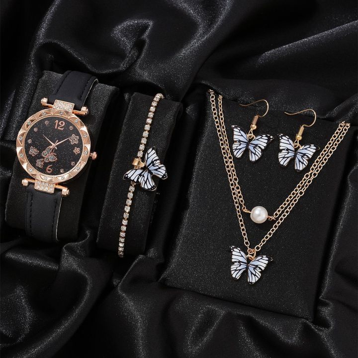 Small%20Fresh%20Casual%20watch%205pcs%20Set%20Watch%20New%20Women's%20Butterfly%20Face%20Bracelet%20Necklace%20Set%20For%20Girls%20Luxury%20Stylish%20Watch%20-%20Image%202