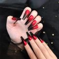 European Red Black Gradient Nails Extra Long Ballerina Artificial Full Nail Art Tip with Glue Coffin Shaped Press On Nails. 