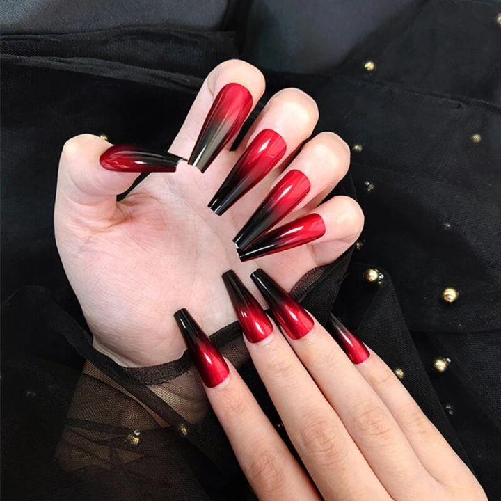 European Red Black Gradient Nails Extra Long Ballerina Artificial Full Nail Art Tip with Glue Coffin Shaped Press On Nails