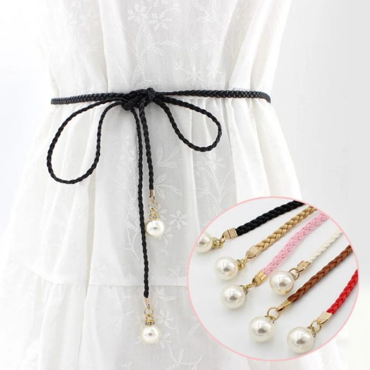 【beauty code store】Thin Braid Women Belt Woven Tassel Pearl Waist Strap Boho Waistband Waist Rope Waist Belts For Accessories
