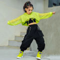 Jazz costume hip hop girls clothing green tops net sleeve black hip hop pants for kids performance modern dancing clothes bl5311.