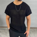 Knitting Hollow Out Breathable Thin T Shirt Mens Summer Fashion Pure Color Knitted T-shirts Men Casual O Neck Short Sleeve Tops.