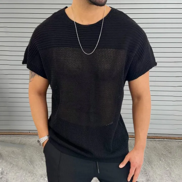 Knitting%20Hollow%20Out%20Breathable%20Thin%20T%20Shirt%20Mens%20Summer%20Fashion%20Pure%20Color%20Knitted%20T-shirts%20Men%20Casual%20O%20Neck%20Short%20Sleeve%20Tops%20-%20Image%202