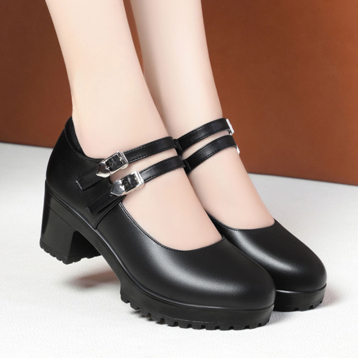 Spring Vintage Soft Leather Mary Jane Women's Platform Shoes 2024 Block High Heel Comfort Office Model Mom Single Shoes