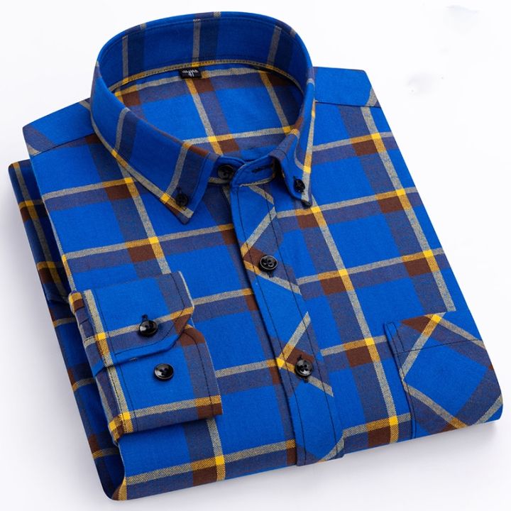 New Cotton Fashion Plaid Shirts For Men's Long Sleeve Single Patch Pocket Design Young Casual Standard-Fit Flannel Shirt S-8XL