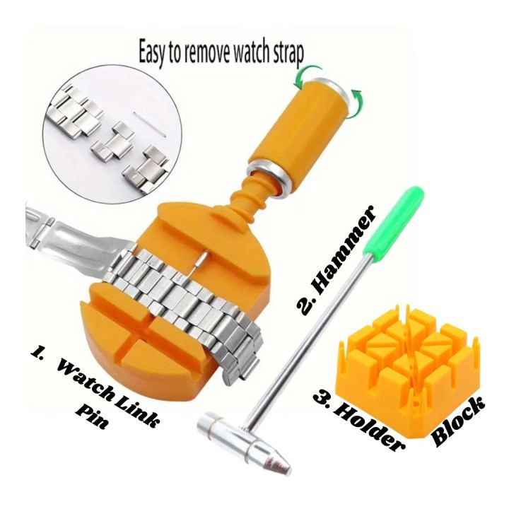 Watch Band Link Pin Remover Tool Set (Full Set) Hammer Punch Pins with Orange Strap Holder for Watch 3Repair tools