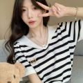 Summer Sweet Japanese Sailor Collar Ice Silk Stripes Knitted Short Sleeve T T-shirt Design Hot Girl Casual Top.