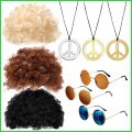 Disco Wig Set Men Hippie Costume Accessories Set 70s Disco Men's Accessories Elastic Afro Wigs 3Pcs Halloween smbph. 