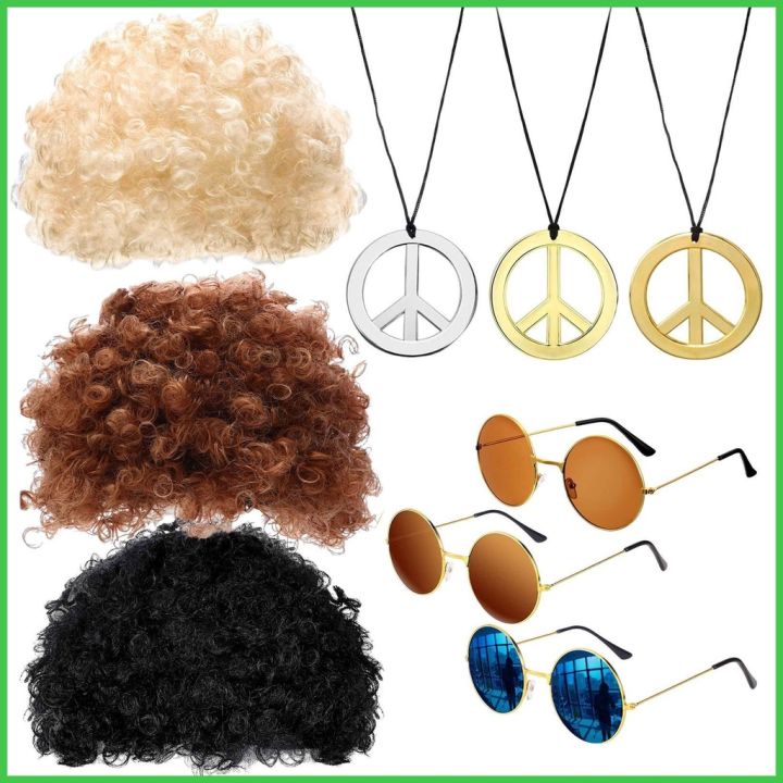 Disco Wig Set Men Hippie Costume Accessories Set 70s Disco Men's Accessories Elastic Afro Wigs 3Pcs Halloween smbph