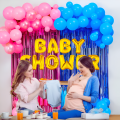 Baby Shower Combo: Golden Banner, Pink & Blue Balloons, Foil Curtain, Balloon Arch, Both Side Tape - Full Decoration Package - (65 Pcs).