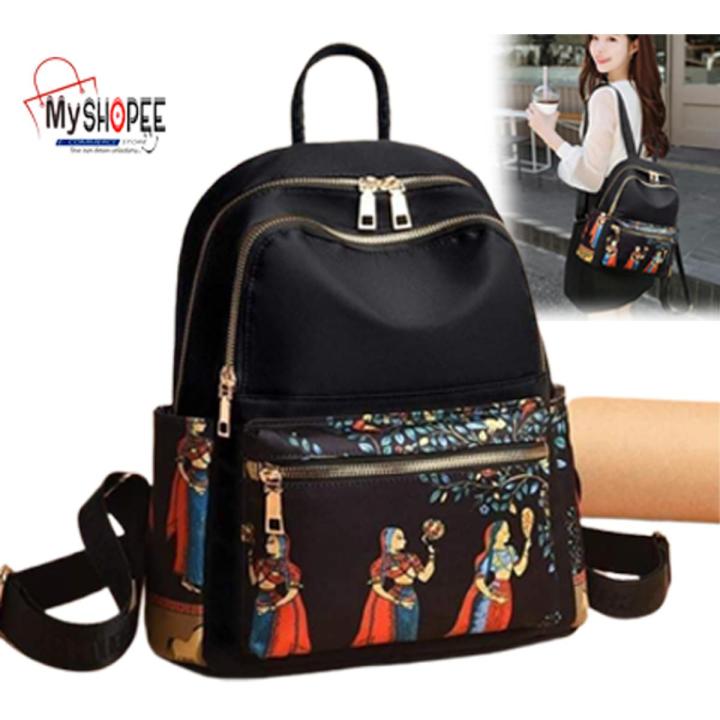 Girls Printing School Backpack, Large Capacity Nylon Rucksack Multilayer Crossbody & Shoulder Bags, Waterproof Travel Ladies Bags