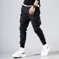 Cargo Pants Men Solid Color Black Loose Casual Joggercket Elastic waist Ankle Length Trousers Men.