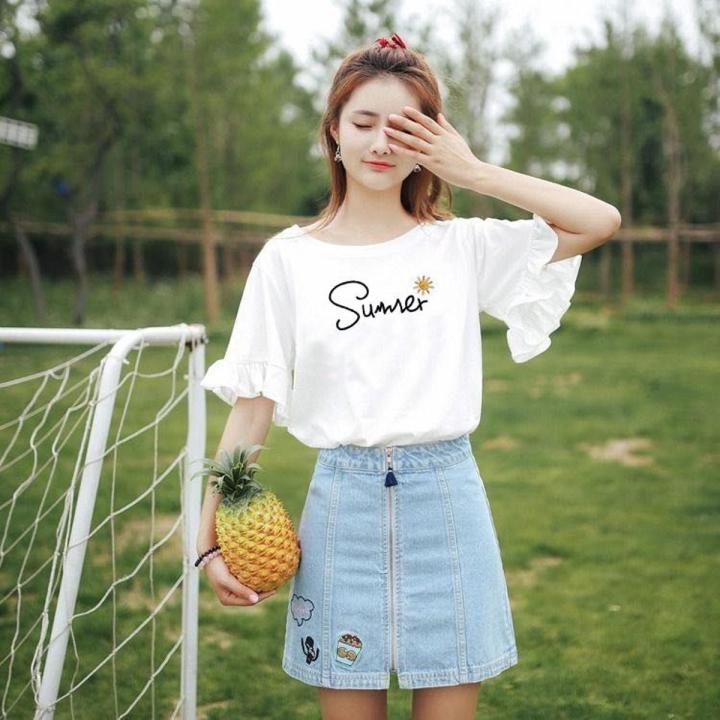 100%Cotton Short-SleeveTT-shirt Women's Korean-Style Fashionable Students All-Matching Summer New LooseinsRuffled Top