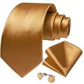 Classic Golden Solid Ties for Men Silk Polyster 150cm Length Wedding Party Neck Tie Set Pocket Square Men Gift Wholesale. 