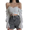 Women Long Sleeve Square Neck Shirt Drawstring Off Shoulder Blouse Crop Top.