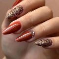 24Pcs Mid-length False Nails with Almond Head Design Brown Gold Lines Nails Oval Wearable French Press on Nail Tips. 