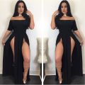 Women Sexy Slash Neck Maxi Dress Solid Color High Slit Formal Party Dress Fashion Slim Summer Dress Vestido De Mulher.