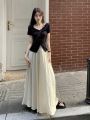 Pure Desire Style Suit Female Black Slit V Collar Short Sleeve T T-shirt Summer High Waist Wide Leg Pants Long Culottes Casual Two-Piece Suit.