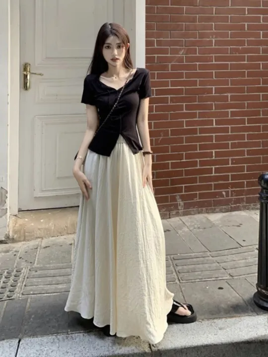 Pure%20Desire%20Style%20Suit%20Female%20Black%20Slit%20V%20Collar%20Short%20Sleeve%20T%20T-shirt%20Summer%20High%20Waist%20Wide%20Leg%20Pants%20Long%20Culottes%20Casual%20Two-Piece%20Suit%20-%20Image%203