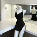 Hot girl suspender halter neck nightdress female 2024 spring new irregular slim backless slit dress.