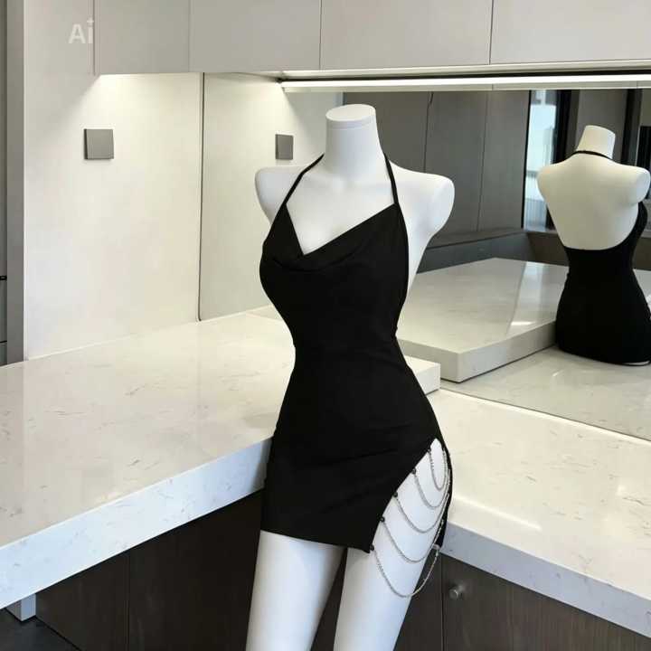 Hot girl suspender halter neck nightdress female 2024 spring new irregular slim backless slit dress