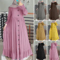 ZANZEA Muslimah Women Muslim Solid Long Puff Sleeve Ruffles Hem Button Down Abaya Dress.